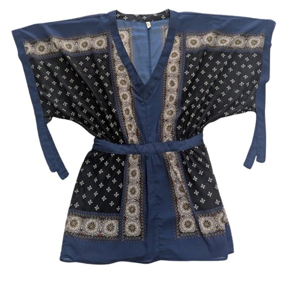 Free People Santa Cruz Kimono Dress Blue Boho Indie Festival Belted *SZ S P - Picture 1 of 10